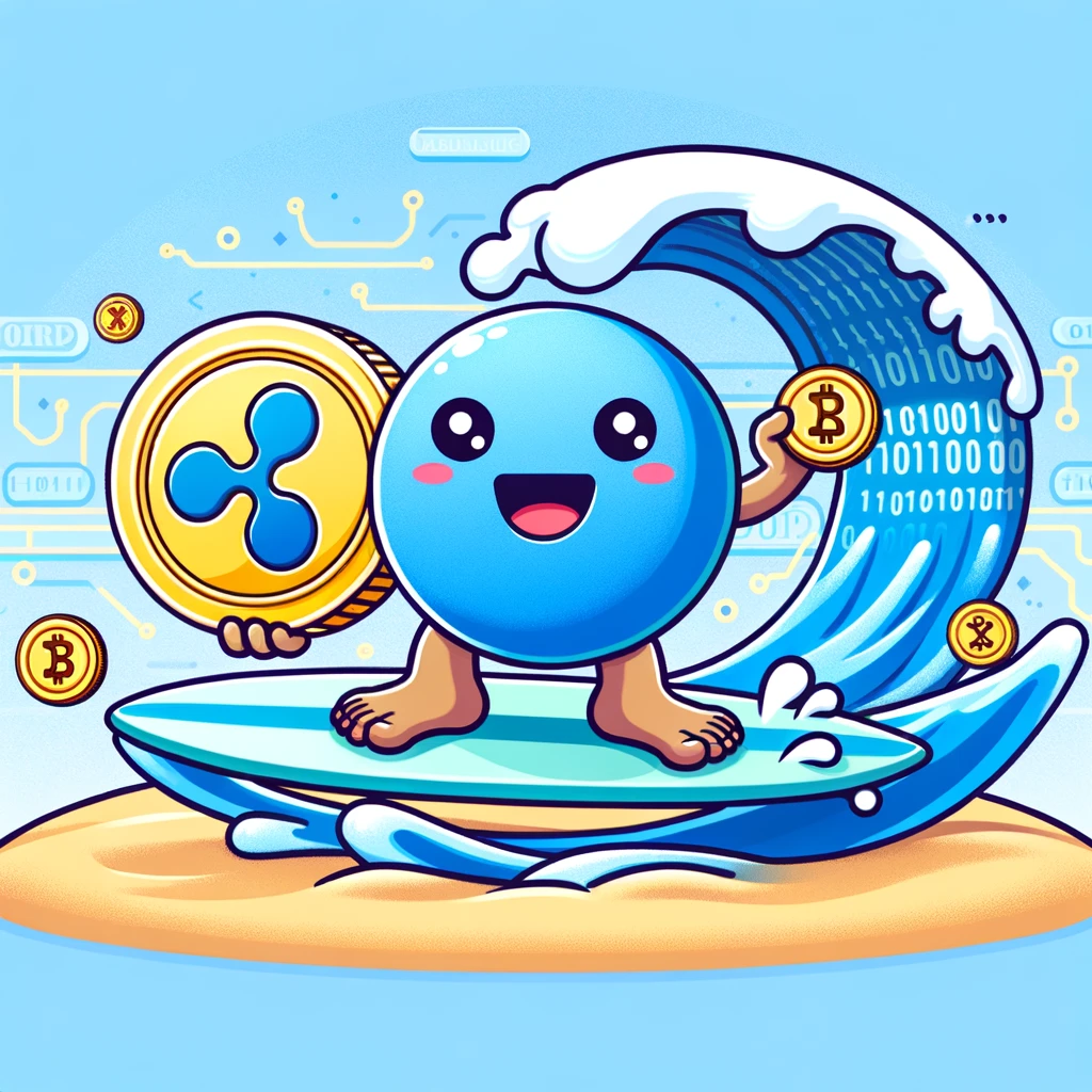 Friendly Ripple wave surfing on digital streams, showcasing XRP's ease and innovation