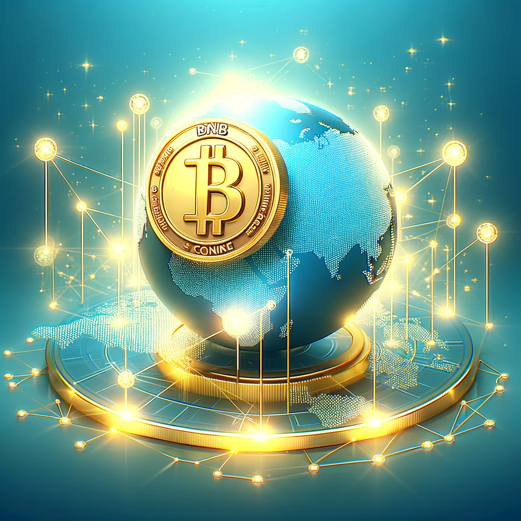 Golden BNB coin illuminating the digital finance world, a symbol of global cryptocurrency innovation