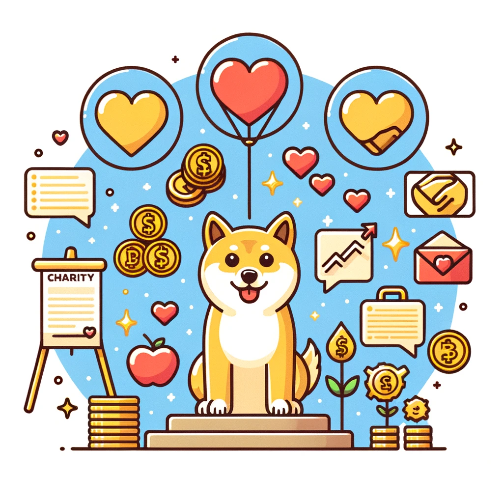 Doge Coin community's charity spirit, illustrated by Shiba Inu and hearts